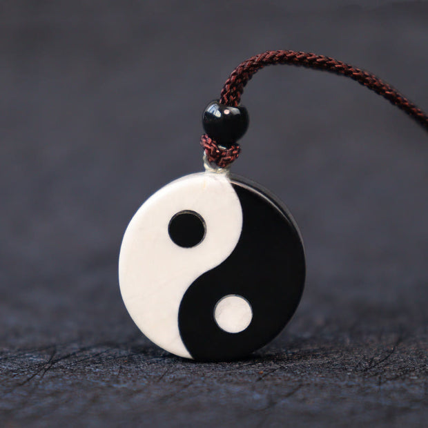 Buddha Stones Natural Black Obsidian White Turquoise Yin Yang Fulfilment Strength Necklace Pendant 1