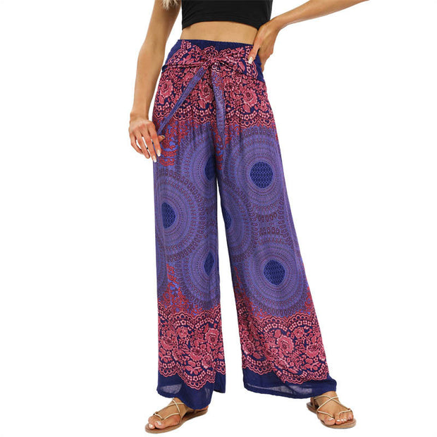 Buddha Stones Bohemian Compass Flower Print Lace-up Wide Leg Pants Women's Yoga Pants