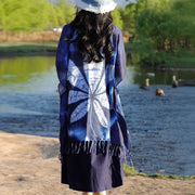 Buddha Stones Blue Batik Shawl Tassels Maple Leaf Cozy Travel Pullover 95*90cm 4
