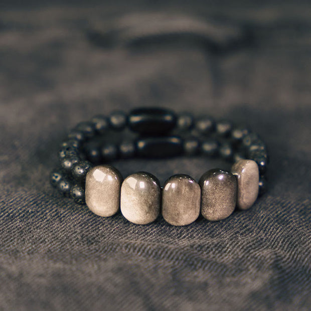 Buddha Stones Natural Silver Sheen Obsidian Lava Rock Communication Bracelet Bracelet BS 1