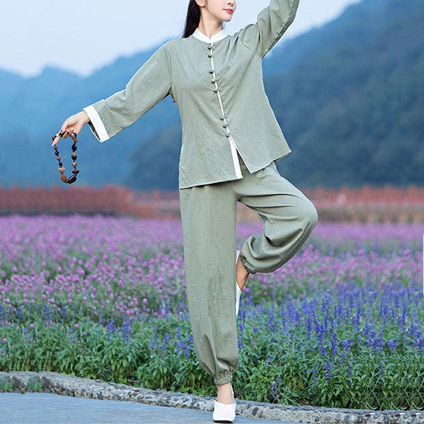 Buddha Stones 2Pcs Tang Suit Top Pants Meditation Yoga Zen Tai Chi Cotton Linen Clothing Women's Set Clothes BS 6