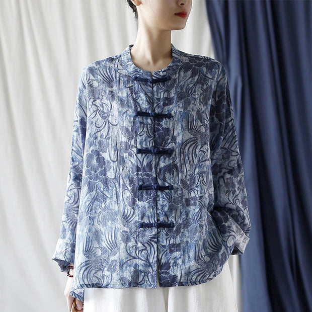 Buddha Stones Retro Blue White Flowers Frog-Button Design Long Sleeve Ramie Linen Jacket Shirt 29
