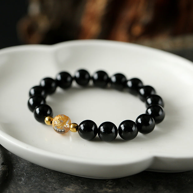 Buddha Stones Natural Black Obsidian White Crystal Black Onyx Dragon Strength Bracelet