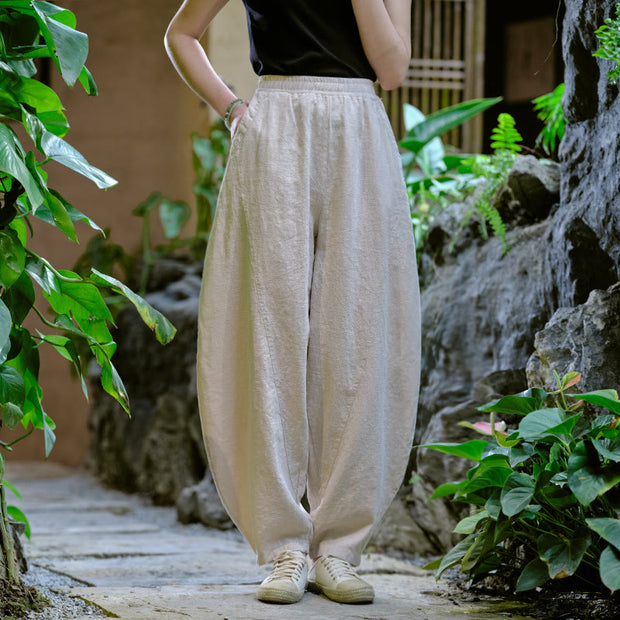 Buddha Stones Solid Color Loose Yoga Harem Pants With Pockets Harem Pants BS Beige(Waist 66-96cm/Hips 122cm/Length 98cm)