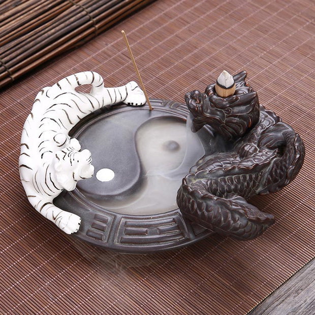 Buddha Stones Tiger Dragon Backflow Smoke Fountain Ceramic Yin Yang Blessing Incense Burner Decoration