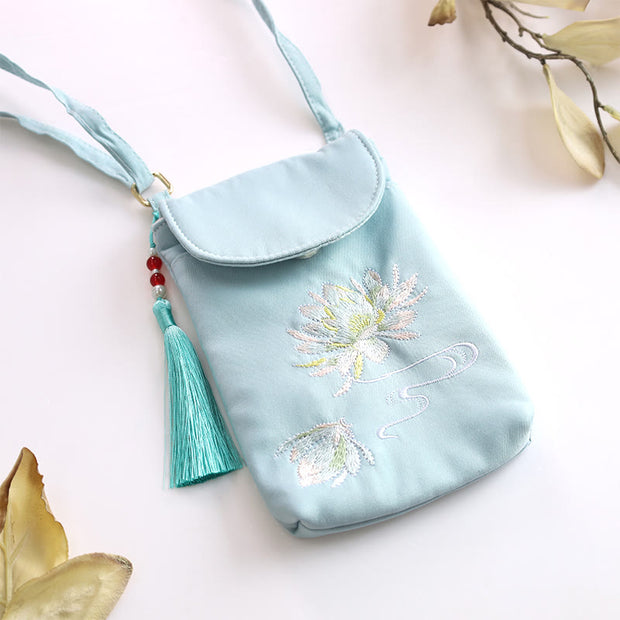 Buddha Stones Small Embroidered Flowers Crossbody Bag Shoulder Bag Double Layer Cellphone Bag Crossbody Bag BS 10