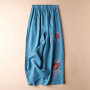 Buddha Stones Women Casual Loose Cotton Linen Embroidery Wide Leg Pants With Pockets