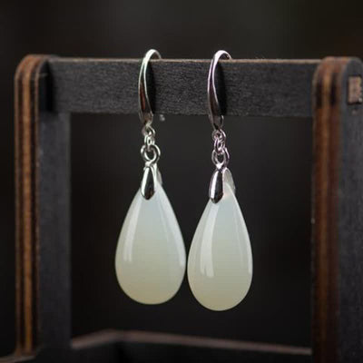 Buddha Stones Hetian White Jade Water Drop Luck Blessing Dangle Earrings (Extra 30% Off | USE CODE: FS30) - Silver - image 0