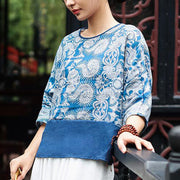 Buddha Stones Blue Flowers Three Quarter Sleeve Top Casual Tee T-shirt 4