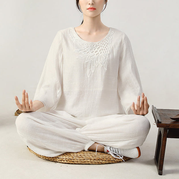 Buddha Stones 2Pcs Long Sleeve Frog-Button Meditation Prayer Zen Practice Tai Chi Uniform Clothing Women's Set