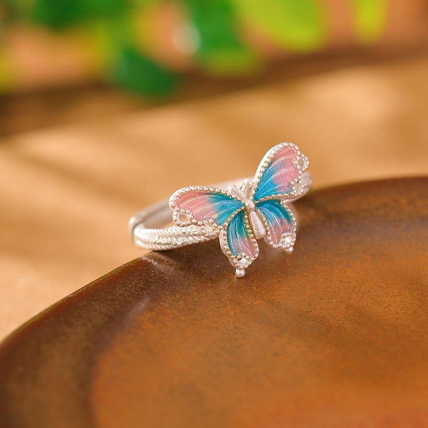 Buddha Stones 999 Sterling Silver Blue Pink Butterfly Love Freedom Ring Ring BS 1