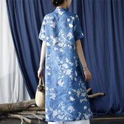 Buddha Stones Ramie Linen Blue White Flowers Branches Cheongsam Dresses Short Sleeve Dress 4