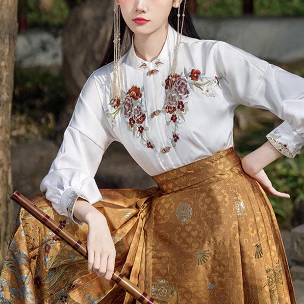 Buddha Stones Golden Flower Phoenix Embroidery Long Sleeve Shirt Top Chinese Hanfu Ming Dynasty Horse Face Skirt Mamianqun Skirt 5