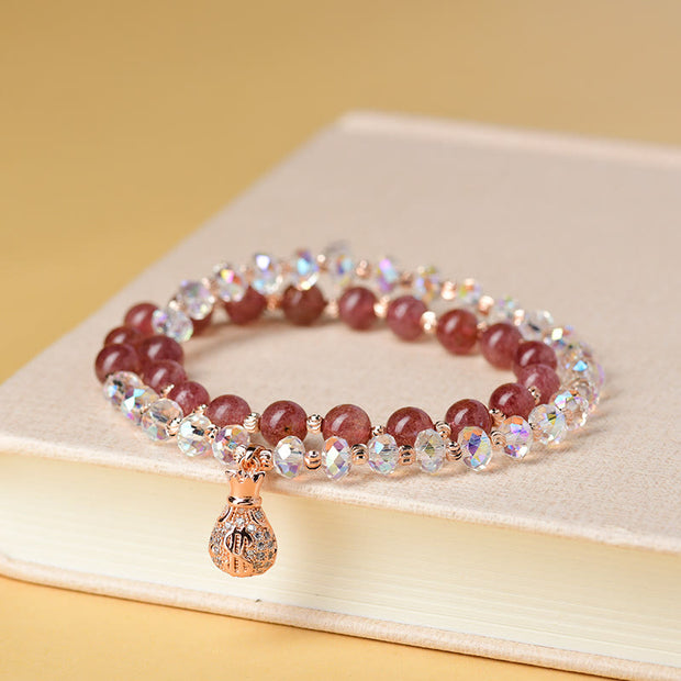 Buddha Stones Strawberry Quartz White Crystal Money Bag Charm Positive Bracelet