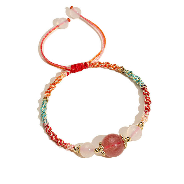Buddha Stones Strawberry Quartz Pink Crystal Prehnite White Agate Bead Healing Rope Bracelet 6