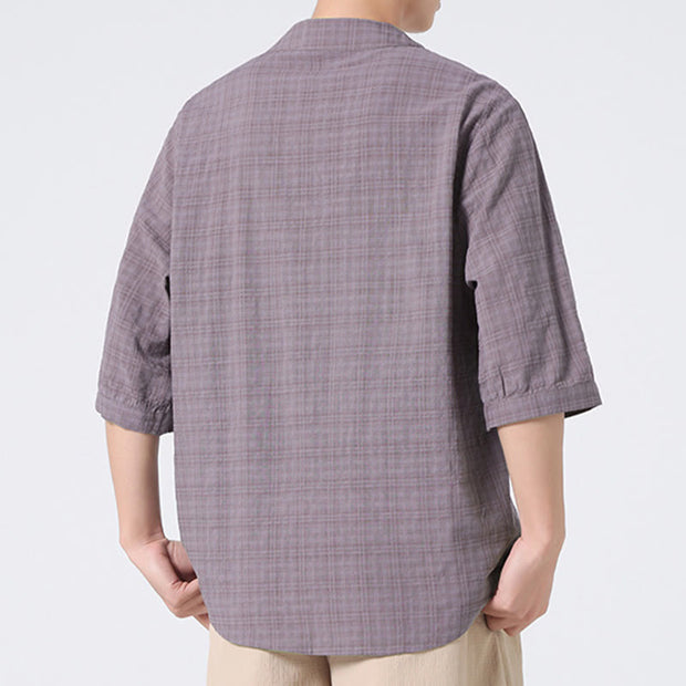 Buddha Stones Frog-Button Plaid Pattern Chinese Tang Suit Half Sleeve Shirt Cotton Linen Men Clothing Men's Shirts BS 14