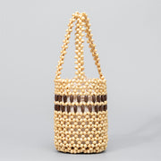 Buddha Stones Hand-woven Bucket Portable Wooden Beads Handbag Handbags BS Beige 12*12*17cm