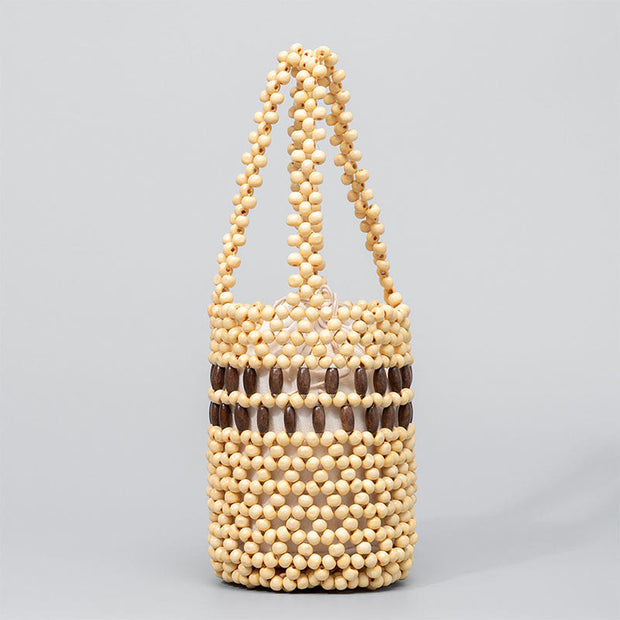 Buddha Stones Hand-woven Bucket Portable Wooden Beads Handbag Handbags BS Beige 12*12*17cm