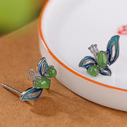 Buddha Stones 925 Sterling Silver Plated Gold Natural Cyan Jade Butterfly Luck Healing Earrings