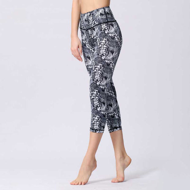 Buddha Stones Leaves Butterfly Print Sports Yoga Cropped Leggings Women's Yoga Capri Pants Women's Capri Pants BS DimGray XL(Fit for US8-10; UK/AU12-14; EU40-42)