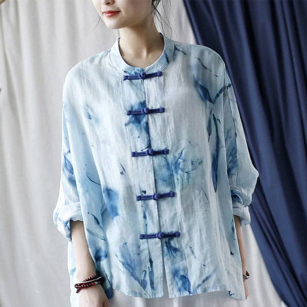 Buddha Stones Tie Dye Blue Flowers Frog-Button Design Long Sleeve Ramie Linen Jacket Shirt 14
