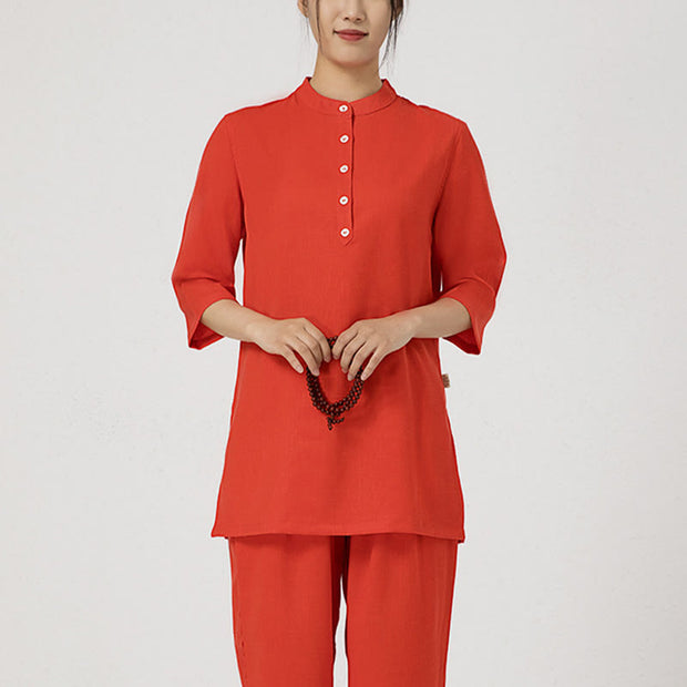 Buddha Stones 2Pcs Buttons Three Quarter Sleeve Shirt Top Pants Meditation Zen Tai Chi Cotton Linen Clothing Women's Set
