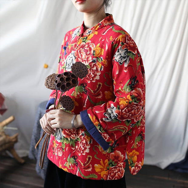 Buddha Stones Flowers Cotton Linen Jacket Shirt Chinese Northeast Style Winter Clothing 6