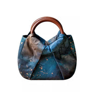 Buddha Stones Handmade Jacquard Flower Blue Wooden Handle Handbag 16