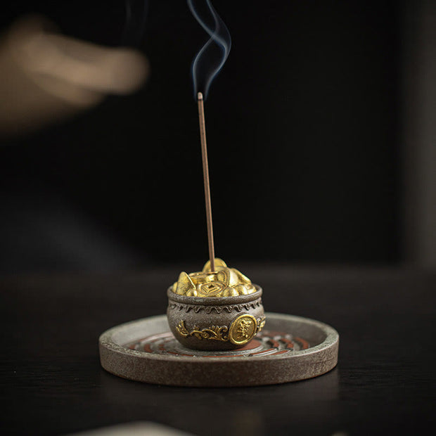 Buddha Stones Small Treasure Bowl Lucky Bag Bagua Tray Healing Ceramic Stick Incense Burner Decoration Incense Burner BS 5