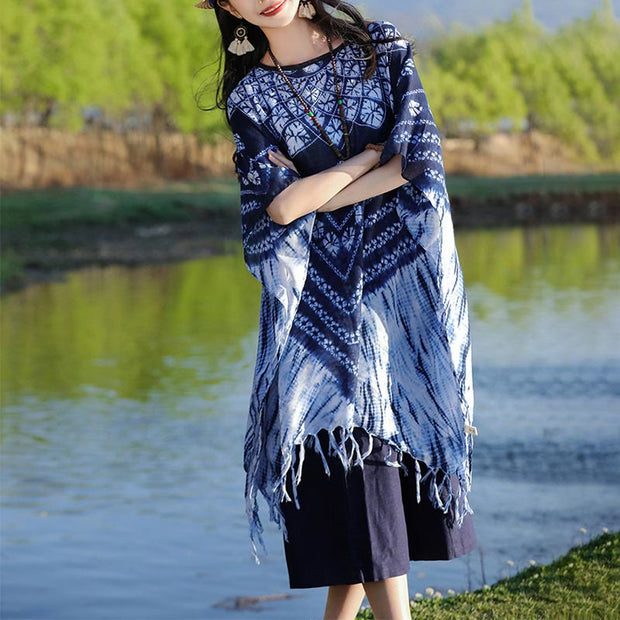 Buddha Stones Blue Striped Floral Indigo Dyeing Shawl Tassels Cozy Pullover 90*95cm 6