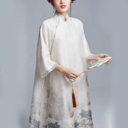 Buddha Stones 100% Mulberry Silk Organza Mountain Tree Butterfly Print Qipao Cheongsam Dress