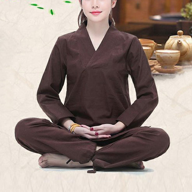Buddha Stones Zen Practice Yoga Meditation Prayer V-neck Design Uniform Cotton Linen Clothing Women's Set Clothes BS 14