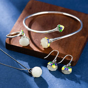 Buddha Stones 925 Sterling Silver Hetian Jade Lotus Luck Necklace Pendant Bracelet Bangle Ring Earrings Bracelet Necklaces & Pendants BS 4Pcs(Necklace Bracelet Ring&Earrings)