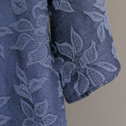 Buddha Stones Blue Flowers Embroidery Jacquard Midi Dress Three Quarter Sleeve Cotton Dress With Pockets 14