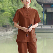 Buddha Stones 2Pcs Women's Short Sleeve Shirt Top T-Shirt Pants Meditation Zen Tai Chi Cotton Linen Clothing Set Women's Meditation Cloth BS Brown(Top&Pants) 6XL(Bust 128cm/Waist 78-114cm/Hips 134cm)
