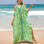Buddha Stones Mint Green Flower Off-Shoulder Maxi Dress Travel Cover-Up Slit Design