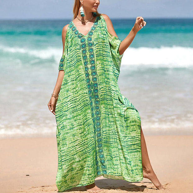 Buddha Stones Mint Green Flower Off-Shoulder Maxi Dress Travel Cover-Up Slit Design