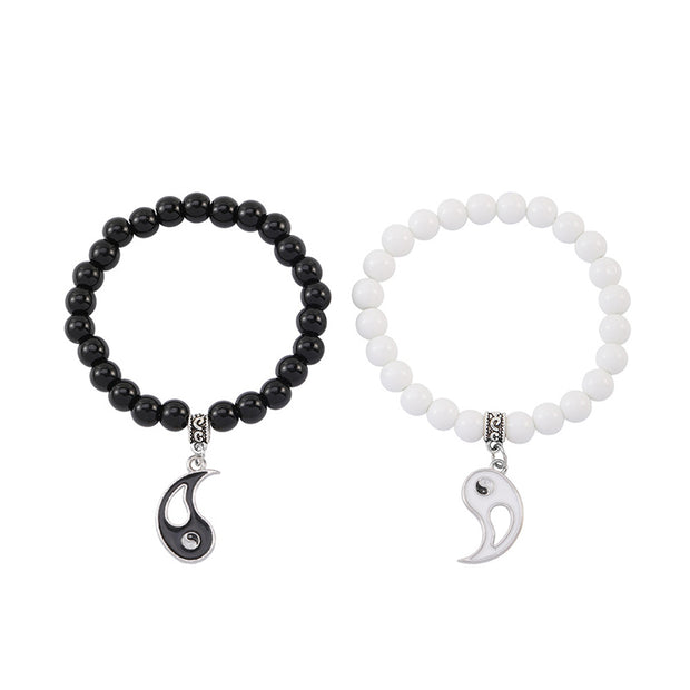 Buddha Stones 2Pcs Black Onyx White Turquoise Bead Yin Yang Protection Couple Bracelet Bracelet BS Love Pattern Yin Yang