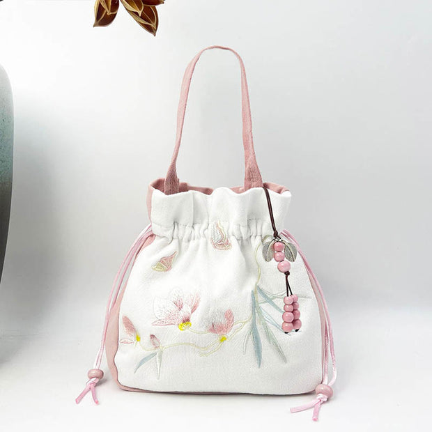 Buddha Stones Embroidered Butterfly Lotus Magnolia Cotton Linen Tote Crossbody Bag Shoulder Bag Handbag Crossbody Bag BS Pink White Magnolia 20*20*7cm