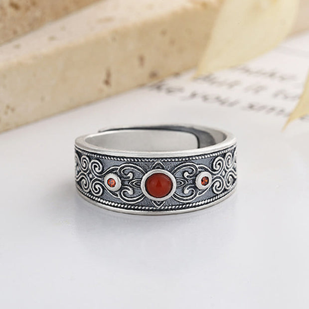 Buddha Stones 925 Sterling Silver Embedded Red Agate Auspicious Clouds Logical Thinking Ring 6