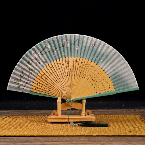 Buddha Stones Spring Flowers Branches Handheld Silk Bamboo Folding Fan 22cm
