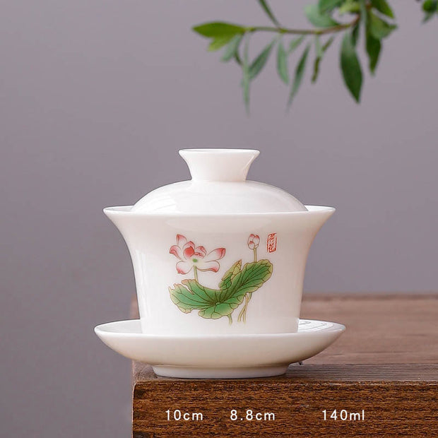 Buddha Stones White Porcelain Mountain Landscape Countryside Ceramic Gaiwan Teacup Kung Fu Tea Cup And Saucer With Lid Cup BS Long Cup-Lotus(8.8cm*10cm*140ml)