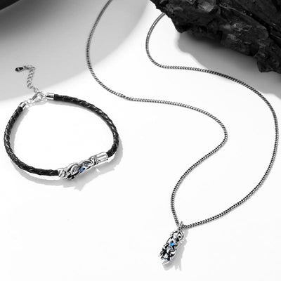 Buddha Stones 925 Sterling Silver Year of the Dragon Blue Zircon Design Success Bracelet Necklace Pendant Bracelet Necklaces & Pendants BS Set (Bracelet+Necklace)