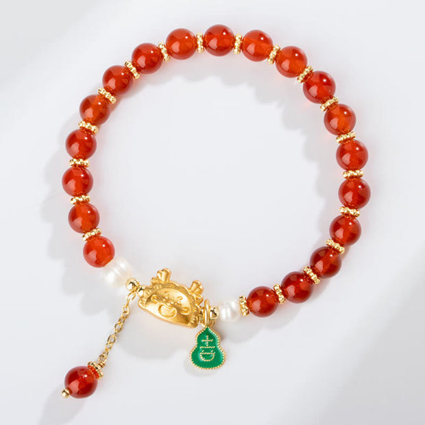 Buddha Stones Year Of The Dragon Natural Red Agate Pink Crystal Black Onyx Dumpling Luck Fu Character Bracelet (Extra 30% Off | USE CODE: FS30)