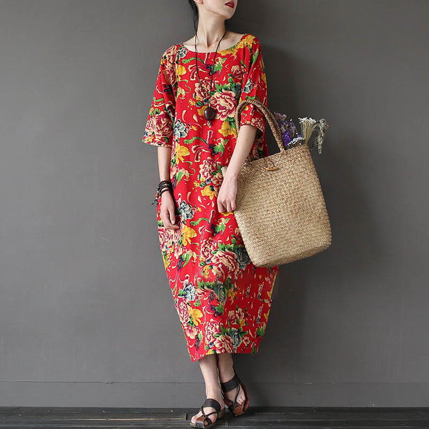 Buddha Stones Red Peony Flowers Printed Midi Dress Half Sleeve Cotton Linen Dress 5