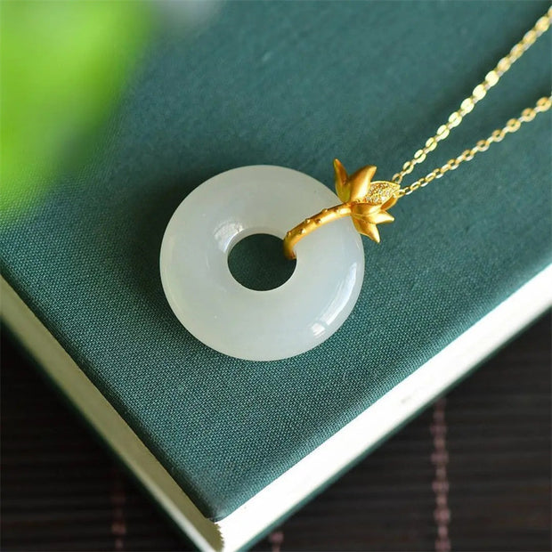 Buddha Stones White Jade Lotus Harmony Necklace Pendant