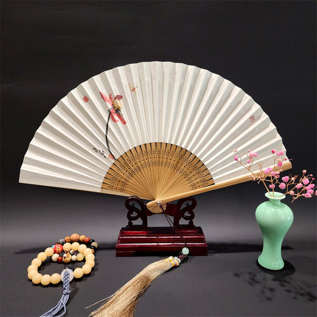 Buddha Stones A Panorama Of Rivers And Mountains Cranes Orchid Flower Paper Bamboo Handheld Silk Bamboo Folding Fan 22cm
