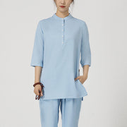 Buddha Stones 2Pcs Buttons Three Quarter Sleeve Shirt Top Pants Meditation Zen Tai Chi Cotton Linen Clothing Women's Set