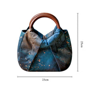 Buddha Stones Handmade Jacquard Flower Blue Wooden Handle Handbag