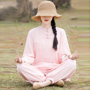 Buddha Stones 2Pcs Plain Design Top Pants Meditation Yoga Zen Tai Chi Cotton Linen Clothing Women's Set Clothes BS 1